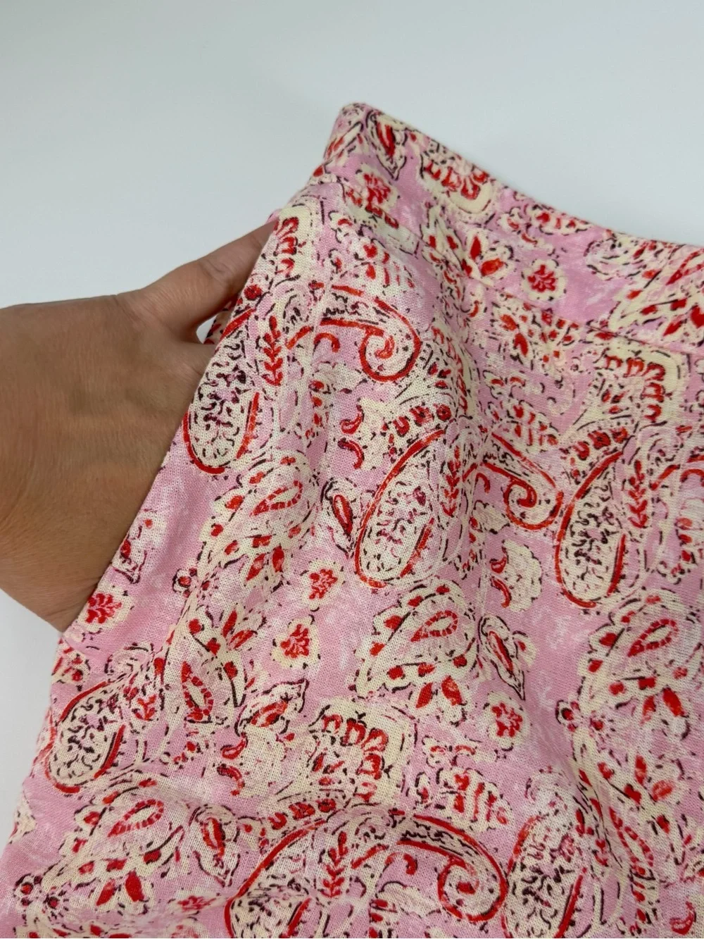 Zara Pants Womens Medium Pink Paisley Floral Linen Blend Pull On Stretch Waist